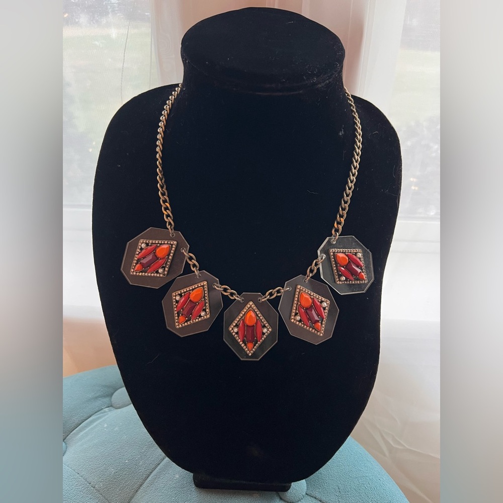 J. Crew Hexagonal Necklace with Red, Maroon and Orange Accents